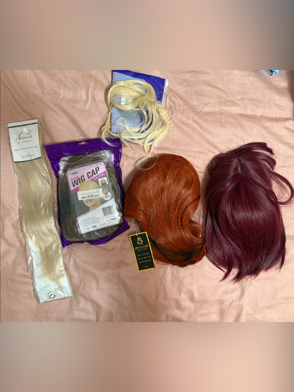 Lot (5) Premium Burgundy Synthetic and Human Hair wigs and extensions